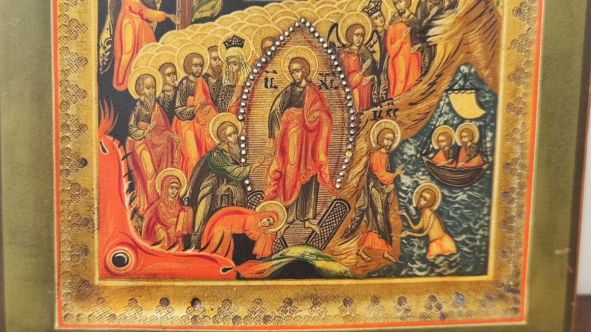 Antica icona russa raffigurante la resurrezione con sigillo-photo-4