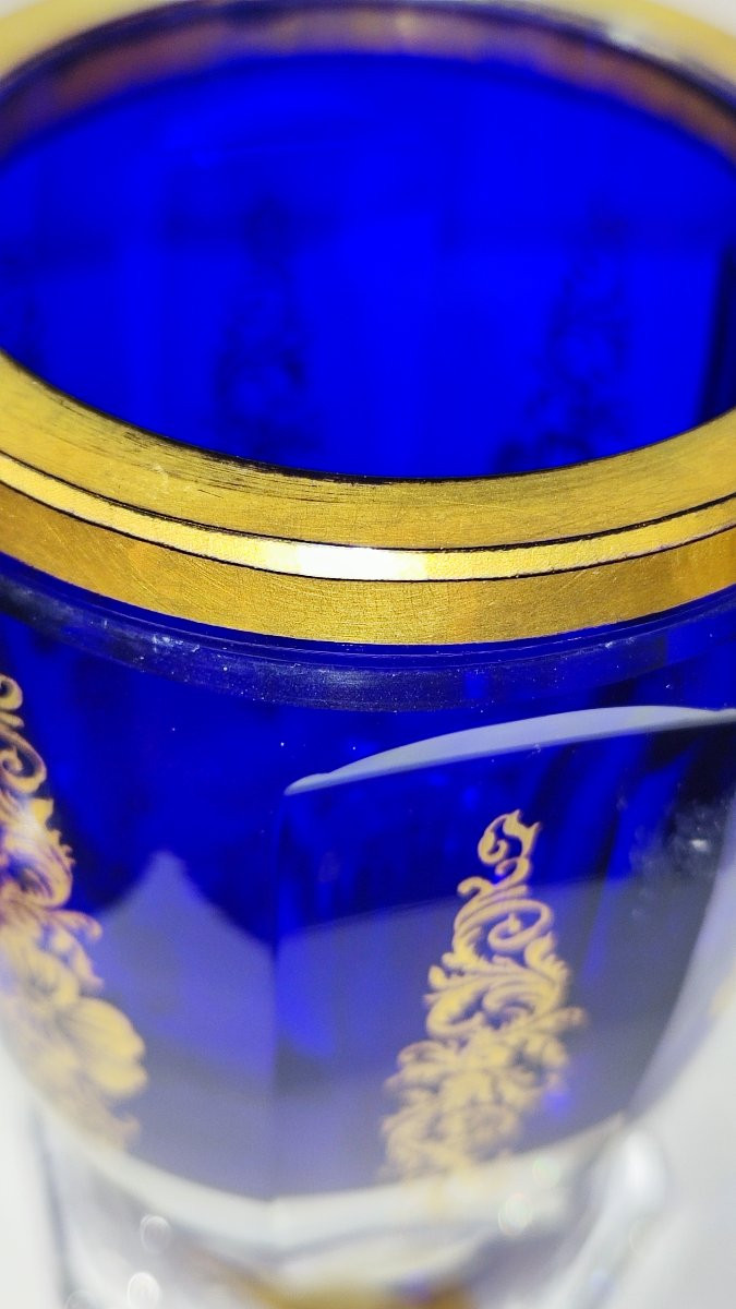 Bicchiere Biedermeier in cristallo blu e oro-photo-1