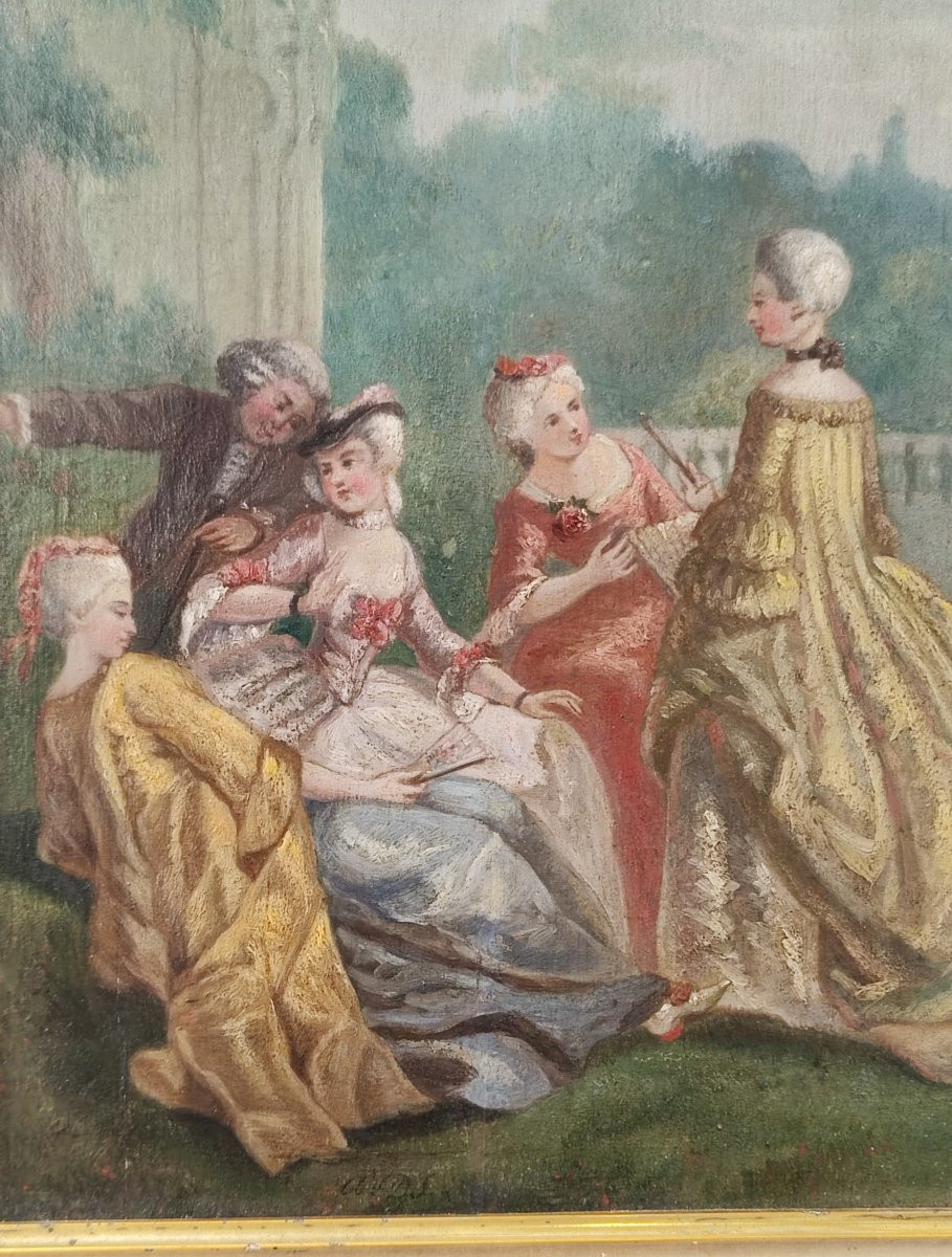 Olio su tavoletta, scena galante, del XIX secolo -photo-4