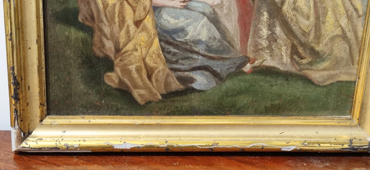 Olio su tavoletta, scena galante, del XIX secolo -photo-2