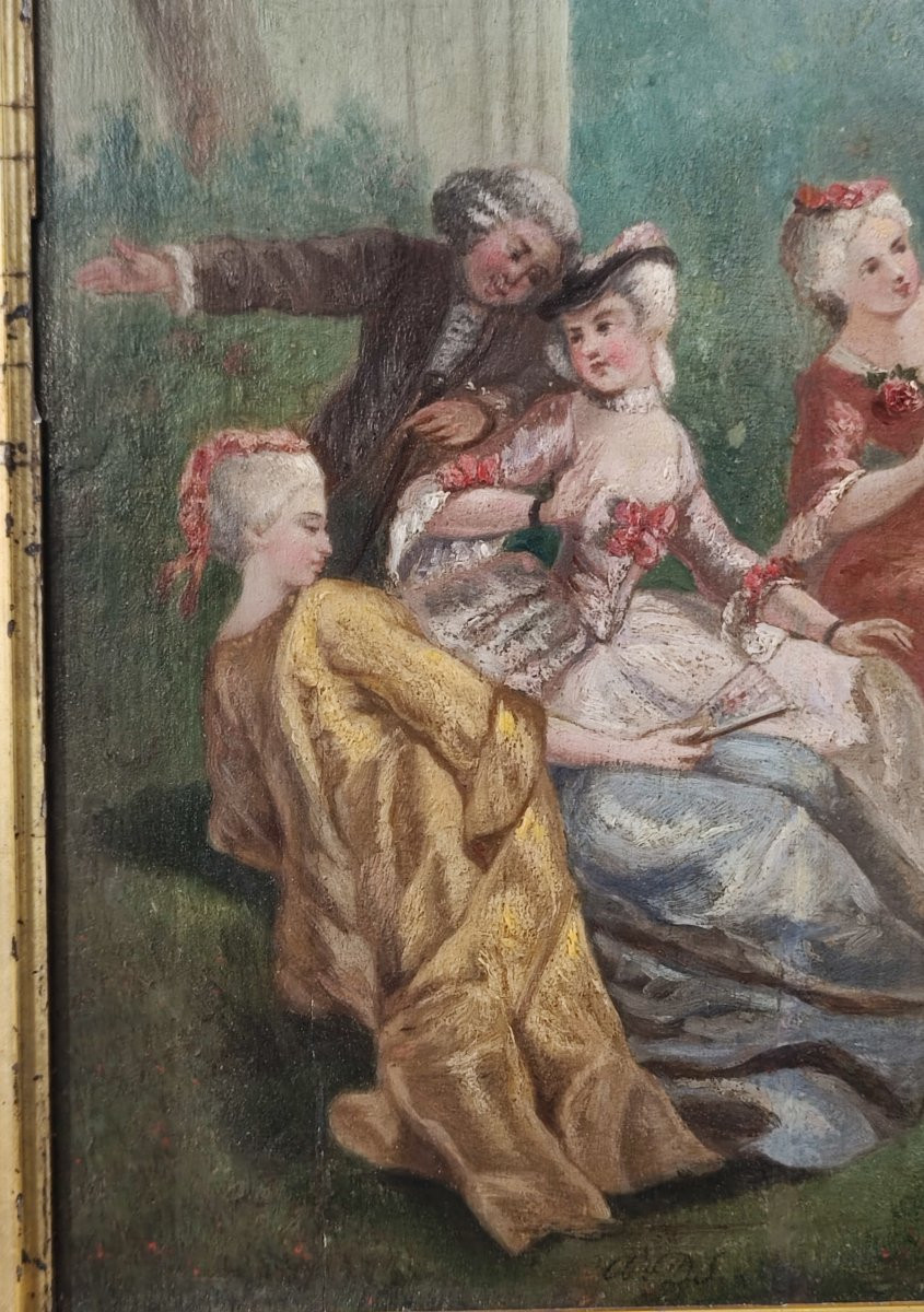 Olio su tavoletta, scena galante, del XIX secolo -photo-6