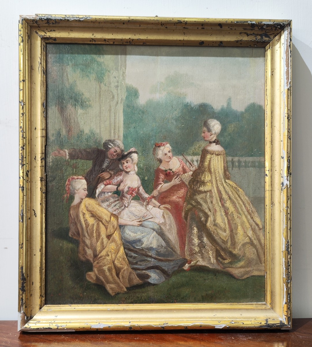 Olio su tavoletta, scena galante, del XIX secolo 