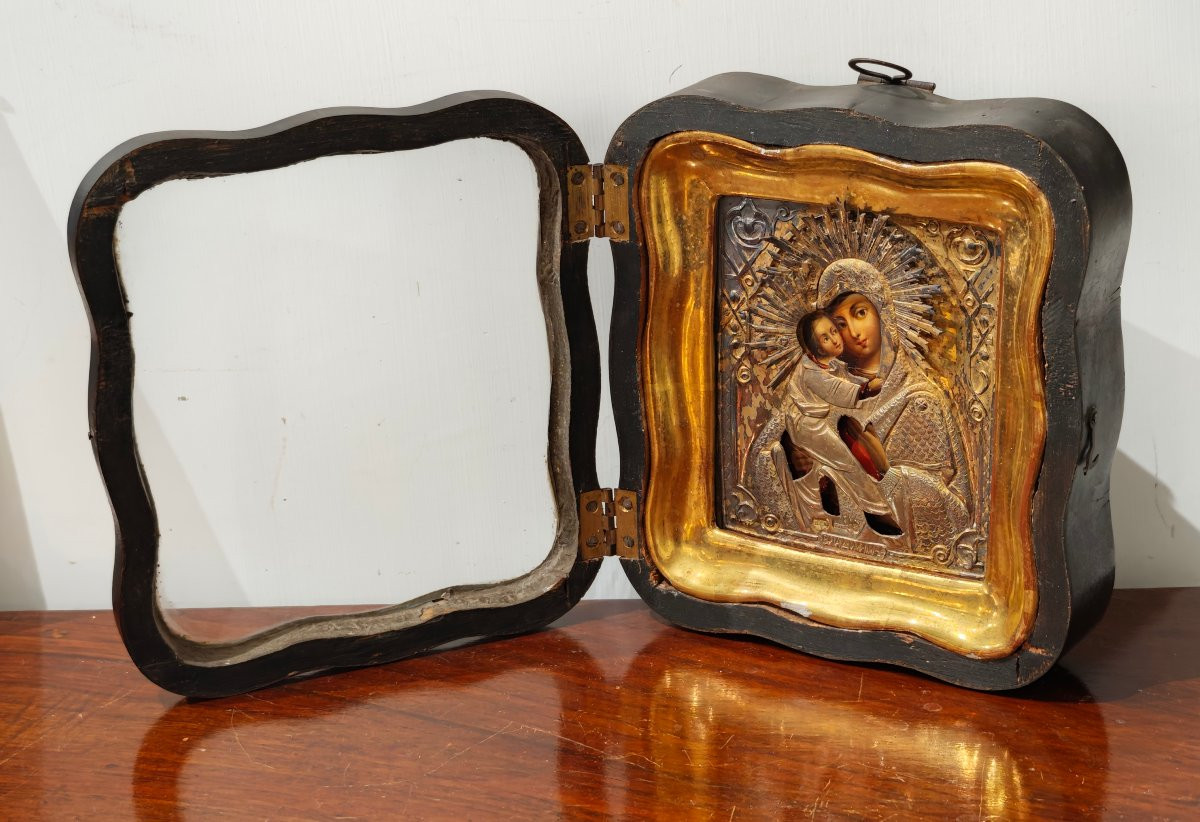 Icona Russa "Madre di Dio di Vladimir" – Mosca 1864 con riza in argento -photo-2