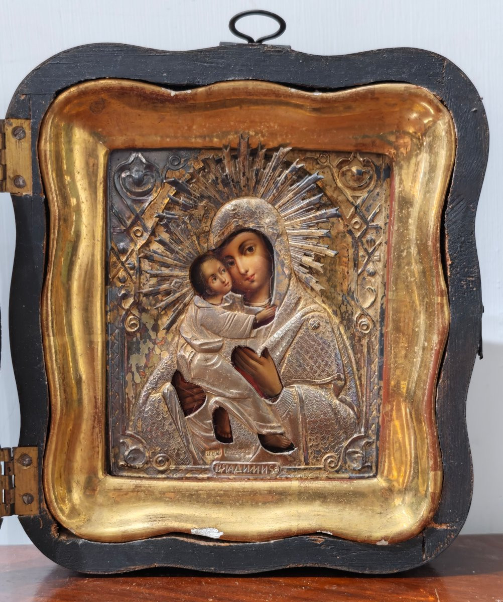 Icona Russa "Madre di Dio di Vladimir" – Mosca 1864 con riza in argento -photo-3