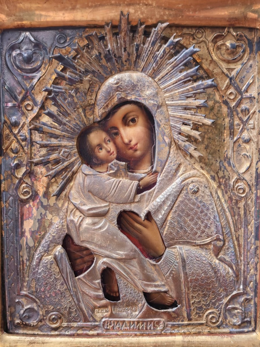 Icona Russa "Madre di Dio di Vladimir" – Mosca 1864 con riza in argento -photo-4