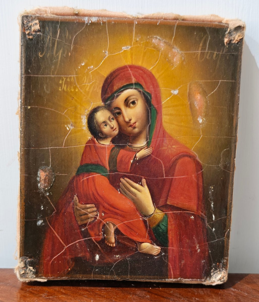 Icona Russa "Madre di Dio di Vladimir" – Mosca 1864 con riza in argento -photo-2