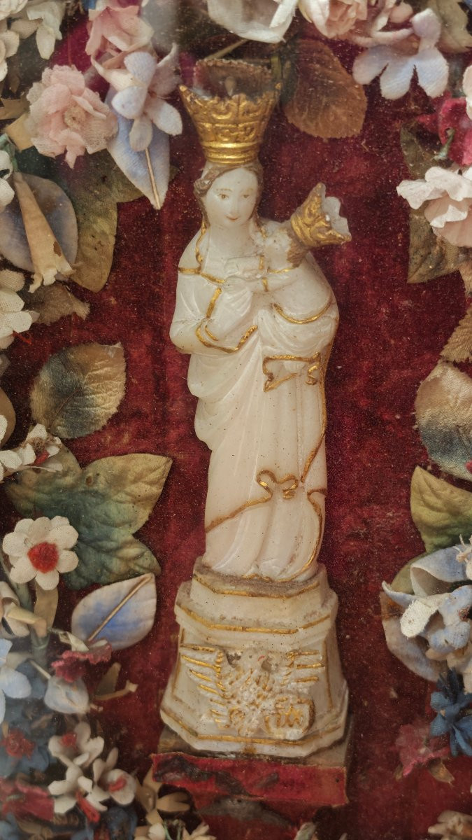 Teca Antica con Madonna di Trapani in Alabastro e Fiori di Seta - XIX Secolo-photo-2
