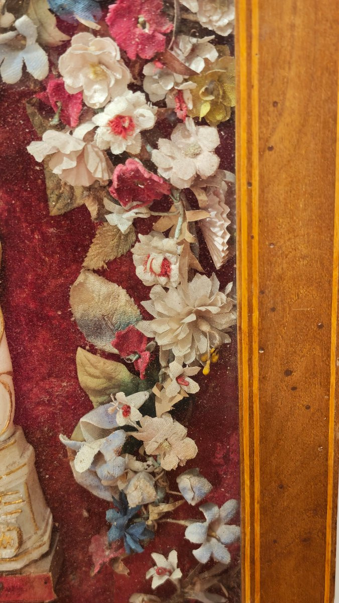 Teca Antica con Madonna di Trapani in Alabastro e Fiori di Seta - XIX Secolo-photo-3
