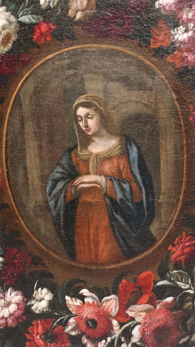 Dipinto Antico XVII Secolo Madonna in Ghirlanda di Fiori, Roma-photo-2