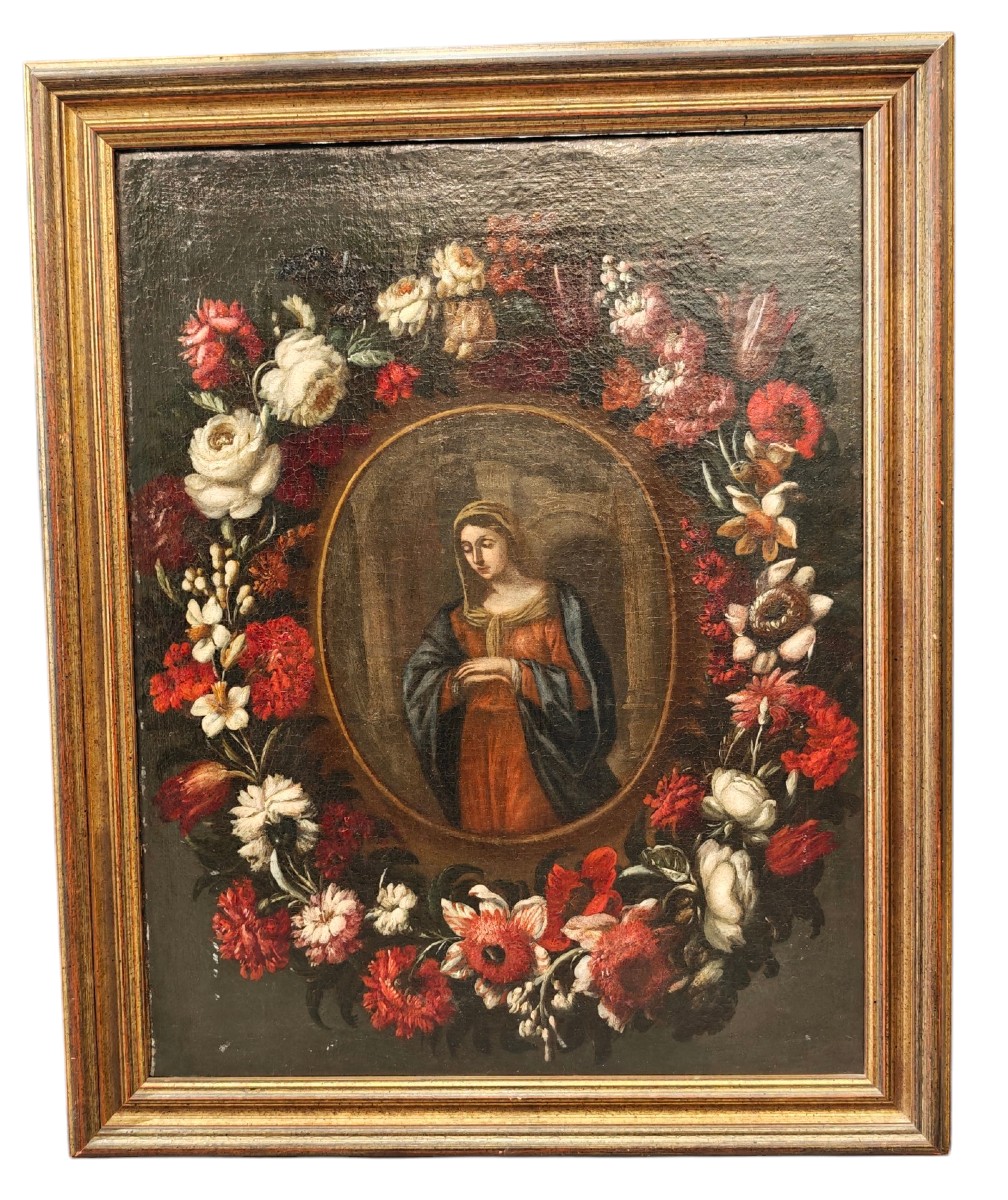 Dipinto Antico XVII Secolo Madonna in Ghirlanda di Fiori, Roma