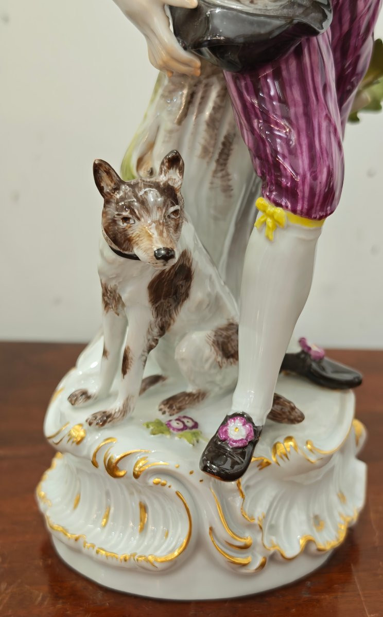 Statua Porcellana Meissen Pastore con Nido d’Uccello e Cane-photo-1