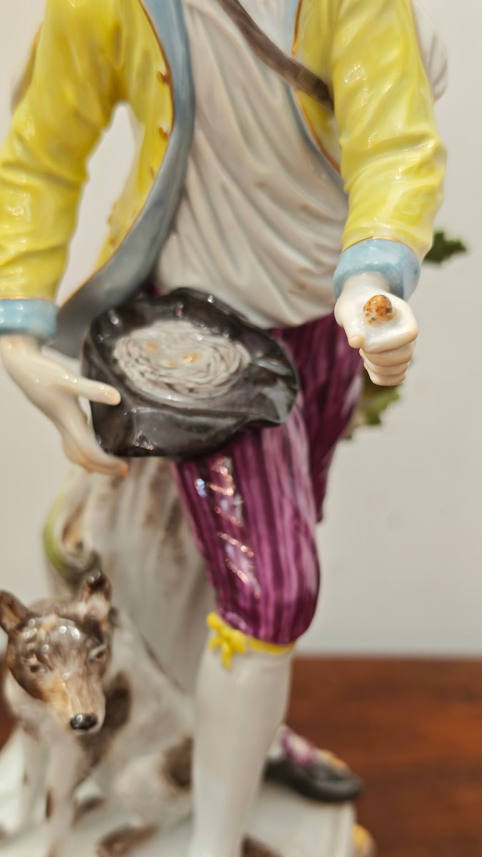 Statua Porcellana Meissen Pastore con Nido d’Uccello e Cane-photo-2
