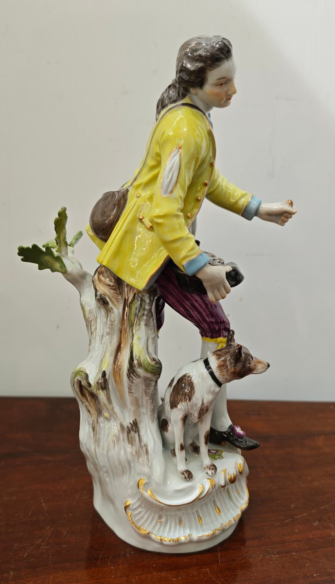 Statua Porcellana Meissen Pastore con Nido d’Uccello e Cane-photo-4
