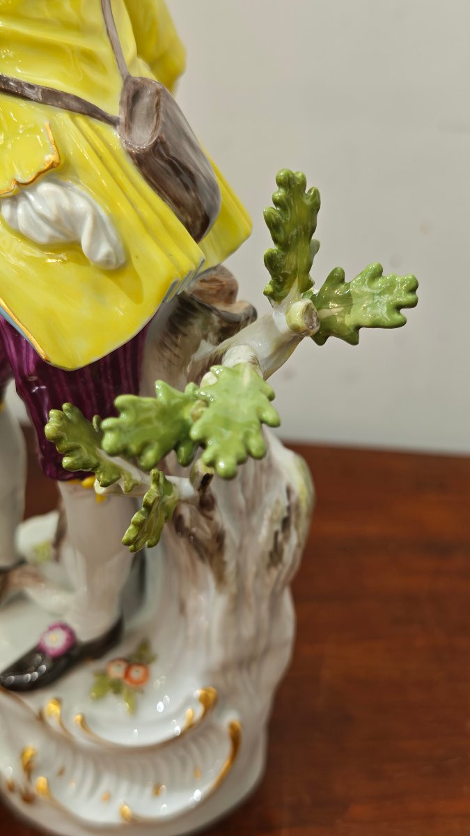 Statua Porcellana Meissen Pastore con Nido d’Uccello e Cane-photo-7