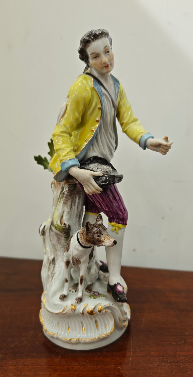 Statua Porcellana Meissen Pastore con Nido d’Uccello e Cane