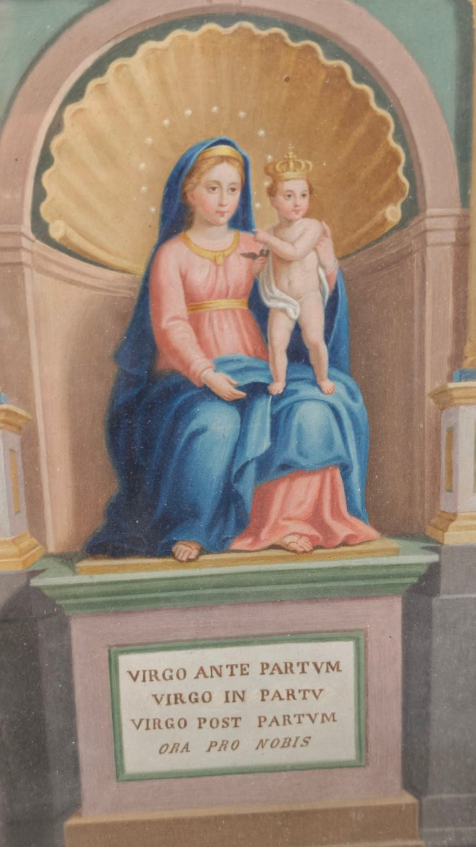 Antico Dipinto Devizionale "Madonna del Parto" - Tempera su Carta-photo-2