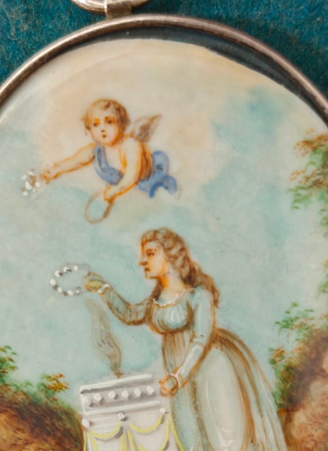 Pendente miniatura neoclassica In argento dipinto a mano inizio XIX secolo-photo-1