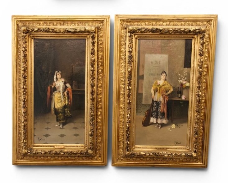Coppia dipinti firmati P. Duval del XIXsecolo Donne Spagnole Andaluse Gitane 
