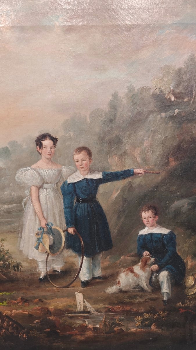 Grande dipinto antico del XIX secolo: ritratto di bambini in un paesaggio-photo-3