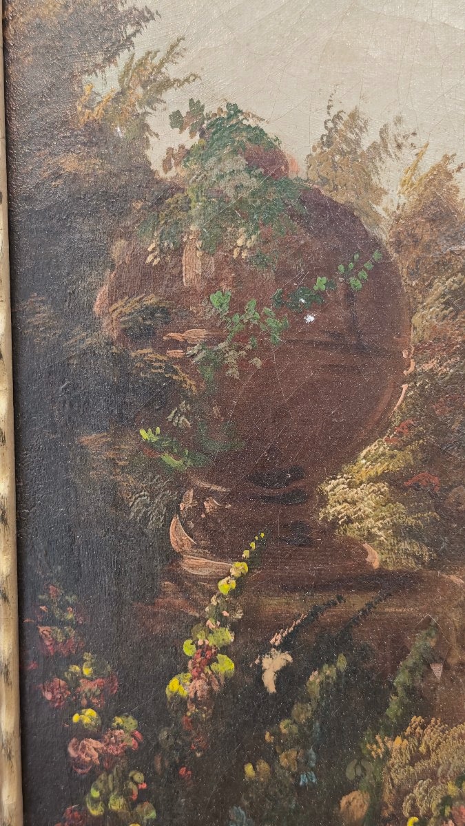 Grande dipinto antico del XIX secolo: ritratto di bambini in un paesaggio-photo-4