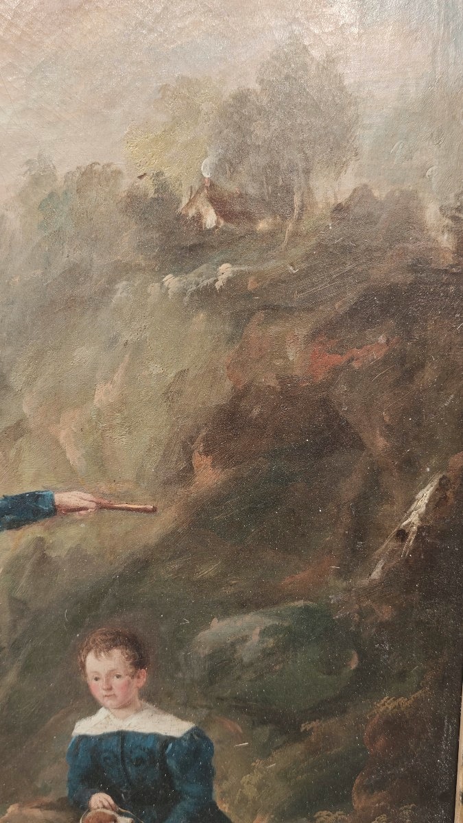 Grande dipinto antico del XIX secolo: ritratto di bambini in un paesaggio-photo-5