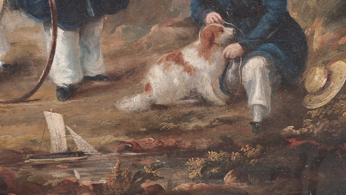 Grande dipinto antico del XIX secolo: ritratto di bambini in un paesaggio-photo-6