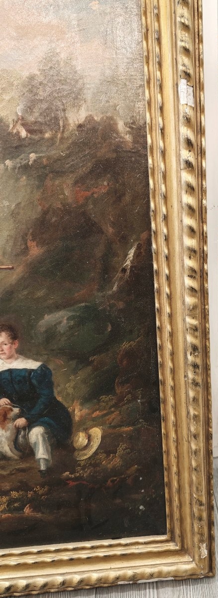 Grande dipinto antico del XIX secolo: ritratto di bambini in un paesaggio-photo-8