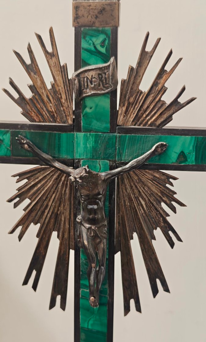 Raffinato crocifisso da tavolo in malachite e argento-photo-4