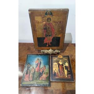 Tre icone russe con Santo e Madonna 