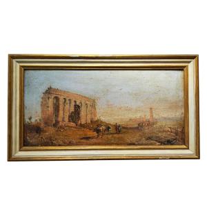 Olio su tavola del XIX secolo raffigurante una veduta di rovine classiche.