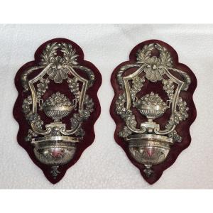 Coppia di antiche acquasantiere in argento 