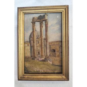 Dipinto ad olio delle rovine romane del Tempio di Vespasiano, grand tour 