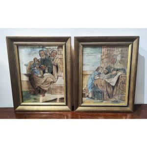 Due ricami a fili incollati, risalenti al XVIII secolo con Sant' Anna e la Vergine Maria