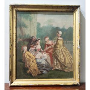 Olio su tavoletta, scena galante, del XIX secolo 