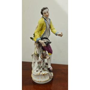 Statua Porcellana Meissen Pastore con Nido d’Uccello e Cane