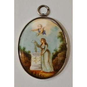 Pendente miniatura neoclassica In argento dipinto a mano inizio XIX secolo