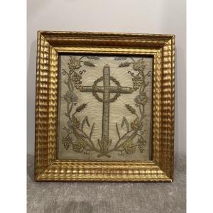 Gilded Wooden Frame With Religious Embroidery 