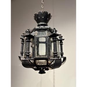 Rare Lantern Made Of Black Painted Sheet Metal