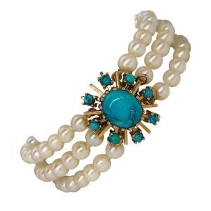 Akoya Pearl Bracelet With Turquoise And Yellow Gold 18 Karat