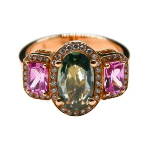 Cocktail Ring 18 Carat Rose Gold Green Sapphire Pink Sapphire And Diamonds