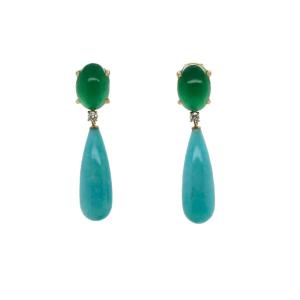 18-karat Gold Earrings With Green Agate And Amazonite Adorned With 0.14 Carats Of Gold. 