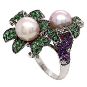 Cultured Pearl Cocktail Ring Emerald Amethyst Ruby Diamonds 18k White Gold