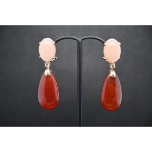 Peach Moonstone Cognac Diamonds And Red Agate Drop Earrings