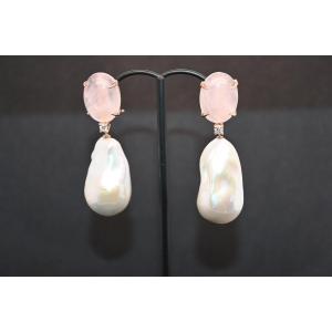 Boucles d'Oreille Pendantes Quartz Rose, Diamants Et Perles Baroques