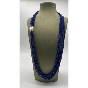Collier Sautoir Lapis Lazulis Perle Baroque Fermoir Bakelit