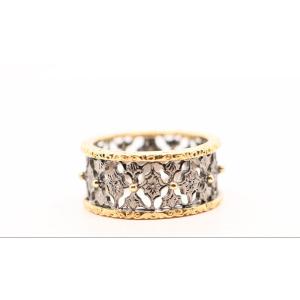 18 Carat Yellow And Black Gold Ring With Lace And Gold Pearl Details