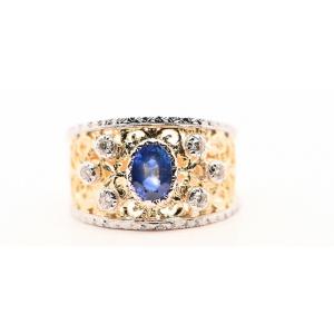 Ring Sapphire 0.95 Carats Diamonds 0.18 Carats Two-tone 18 Carat Gold