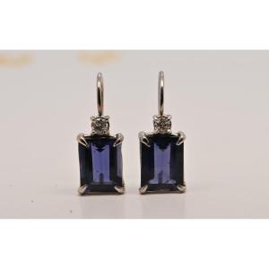 Iolite Diamond Earrings 0.12 Carats 18k White Gold