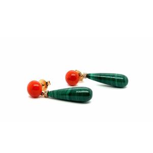 Malakite Coral, Diamond And 18k Yellow Gold Earring