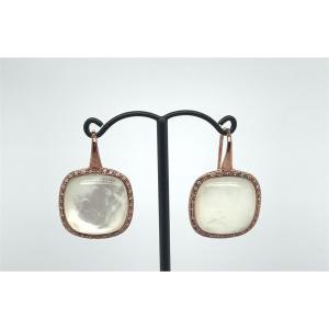 18k Rose Gold Earrings Set With White Quartz Surrounded By Diamonds